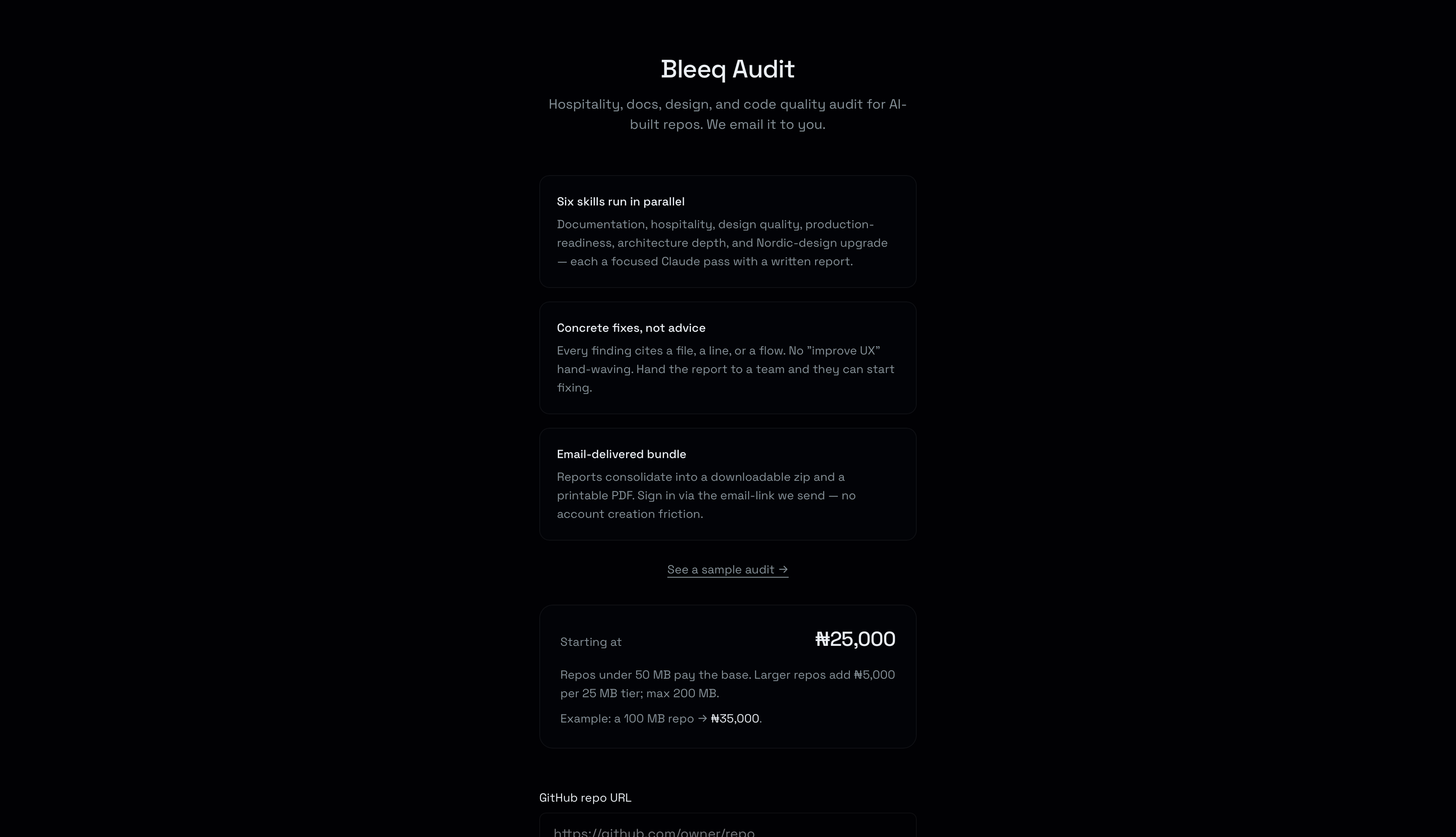 Bleeq Audit landing page before redesign